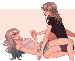 2girls annidrw bare_shoulders between_legs black_shirt black_shorts blue_hair blue_shorts blush brown_background camisole commentary firefly_(honkai:_star_rail) gradient_hair grey_hair hashtag-only_commentary holding_hands honkai:_star_rail honkai_(series) long_hair looking_at_another multicolored_hair multiple_girls one_side_up purple_eyes shirt short_sleeves shorts smile stelle_(honkai:_star_rail) trailblazer_(honkai:_star_rail) two-tone_background white_background white_camisole yellow_eyes yuri