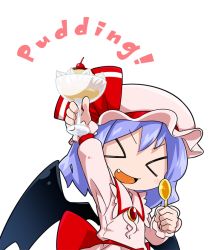 Rule 34 | &gt; &lt;, 1girl, :d, > <, arm up, bat wings, blue hair, bow, byourou, chibi, closed eyes, fang, food, hat, open mouth, pudding, remilia scarlet, ribbon, short hair, smile, solo, spoon, touhou, wings, xd