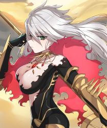 Rule 34 | 1girl, bodysuit, breasts, closed mouth, collar, day, expressionless, fate/apocrypha, fate/grand order, fate (series), floating hair, from side, genderswap, genderswap (mtf), green eyes, grey hair, hair between eyes, holding, holding weapon, k jin, karna (fate), large breasts, long hair, looking at viewer, outdoors, polearm, shawl, solo, spiked collar, spikes, tsurime, upper body, weapon