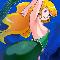 Rule 34 | 1990s (style), 1girl, arm up, armpits, ass, ass focus, blonde hair, blue background, breasts, earrings, from side, gem, haruyama kazunori, huge ass, jewelry, long hair, looking at viewer, lowres, marina (ningyo hime marina no boken), mermaid, monster girl, ningyo hime marina no boken, nipple slip, nipples, pearl (gemstone), purple eyes, retro artstyle, scales, shell, shell earrings, smile, solo, underwater