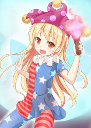 Rule 34 | 1girl, american flag, american flag dress, american flag legwear, american flag shirt, blonde hair, blue thighhighs, blush, clownpiece, fairy wings, hat, holding, jester cap, long hair, niiya, orange eyes, pantyhose, red thighhighs, simple background, solo, star (symbol), striped clothes, striped pantyhose, striped thighhighs, thighhighs, torch, touhou, v, vertical-striped clothes, vertical-striped thighhighs, white background, wings, zettai ryouiki