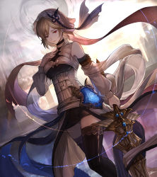 Rule 34 | 1girl, black skirt, black thighhighs, blonde hair, breasts, detached sleeves, djeeta (granblue fantasy), dutch angle, granblue fantasy, hair between eyes, hair ornament, holding, holding sword, holding weapon, medium breasts, miniskirt, parted lips, pencil skirt, red eyes, see-through, short hair, skirt, solo, standing, sword, tenyo0819, thighhighs, weapon, zettai ryouiki