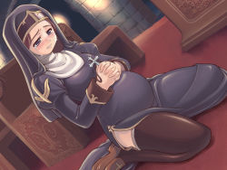 Rule 34 | 1girl, blush, brown hair, brown thighhighs, cross, crying, crying with eyes open, highres, interlocked fingers, latin cross, mil (xration), nun, own hands clasped, own hands together, praying, pregnant, priest, priest (ragnarok online), priestess, ragnarok online, sad, side slit, solo, tears, thighhighs, thighs