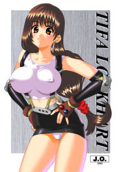 Rule 34 | 1990s (style), 1girl, breasts, character name, covered erect nipples, final fantasy, final fantasy vii, hands on own hips, impossible clothes, impossible shirt, jo area, large breasts, long hair, low-tied long hair, midriff, miniskirt, panties, pantyshot, pencil skirt, retro artstyle, shirt, skirt, solo, standing, suspender skirt, suspenders, tifa lockhart, underwear, upskirt, white panties