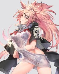 Rule 34 | &gt;:(, 1girl, alternate costume, amputee, backless dress, backless outfit, baiken, bare back, big hair, blush, breasts, closed mouth, commentary request, cowboy shot, dress, eyepatch, facial mark, frown, gluteal fold, guilty gear, guilty gear xrd, jacket, jacket on shoulders, long hair, looking at viewer, medium breasts, meme attire, oro (sumakaita), red eyes, ribbed sweater, scar, scar across eye, scar on face, sideboob, solo, sweater, sweater dress, v-shaped eyebrows, very long hair, virgin killer sweater