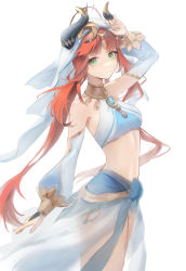 Rule 34 | 1girl, absurdres, arm up, bare shoulders, bilibilida, brooch, closed mouth, cowboy shot, crop top, detached sleeves, genshin impact, green eyes, hand on own head, harem outfit, highres, horns, jewelry, long hair, looking at viewer, midriff, navel, nilou (genshin impact), parted bangs, red hair, see-through, shirt, simple background, sleeveless, sleeveless shirt, smile, solo, standing, stomach, thighs, veil, very long hair, white background