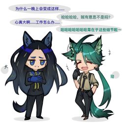 Rule 34 | +++, 2girls, animal ears, black footwear, black gloves, black hair, black jacket, black necktie, black pants, blue eyes, blue gloves, blue shirt, brown footwear, chibi, chinese text, closed eyes, collared shirt, commentary request, creatures (company), earrings, fang, game freak, geeta (pokemon), gloves, green hair, hand up, highres, jacket, jewelry, long hair, long sleeves, molingxiang chimangguo, multiple girls, neck ribbon, necktie, nintendo, open mouth, pants, parted lips, pokemon, pokemon sv, raised eyebrows, ribbon, rika (pokemon), shirt, shoes, standing, suspenders, tail, translation request, yellow ribbon