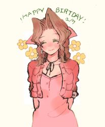 Rule 34 | 1girl, aerith gainsborough, arms behind back, bow, brown hair, buttons, closed eyes, cropped jacket, curly hair, dress, english text, final fantasy, final fantasy vii, flower, hair bow, hair ribbon, highres, jacket, jewelry, light smile, long hair, necklace, open clothes, open jacket, pink bow, pink dress, pink ribbon, red jacket, ribbon, smile, solo, standing, tasituma2, yellow flower