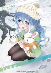 Rule 34 | 1girl, black pantyhose, blue eyes, blue hair, date a live, eyepatch, footprints, green sweater, hand puppet, highres, looking at viewer, official art, open mouth, pantyhose, puppet, roots, smile, snow, snowman, squatting, sweater, white headwear, winter, winter clothes, yoshino (date a live), yoshinon