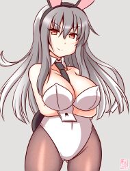 Rule 34 | 1girl, animal ears, arms under breasts, artist logo, between breasts, black necktie, black pantyhose, breasts, crossed arms, dated, detached collar, facial scar, gangut (kancolle), grey background, grey hair, kanon (kurogane knights), kantai collection, large breasts, leotard, long hair, looking at viewer, necktie, necktie between breasts, one-hour drawing challenge, pantyhose, playboy bunny, rabbit ears, rabbit tail, red eyes, scar, scar on cheek, scar on face, simple background, smile, solo, standing, tail, white leotard, wrist cuffs