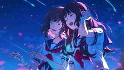 Rule 34 | 2girls, bandaged fingers, bandaged hand, bandaged wrist, bandages, black hair, blue sailor collar, brown hair, bruise, cellphone, closed eyes, commentary request, earphones, happy, highres, injury, long hair, mele ck, multiple girls, neckerchief, night, night sky, open mouth, original, phone, red neckerchief, sailor collar, shared earphones, shooting star, short hair, short sleeves, sky, smartphone, smile, star (sky), starry sky, summer uniform, teeth, upper teeth only