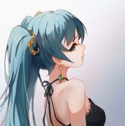 Rule 34 | 1girl, bare shoulders, black dress, blue eyes, blue hair, breasts, closed mouth, commentary request, dress, earrings, from side, gradient background, grey background, hair ornament, hatsune miku, hatsune miku (vocaloid4) (chinese), jewelry, long hair, looking at viewer, looking to the side, medium breasts, profile, sideways glance, sleeveless, sleeveless dress, smile, solo, spica-sh, twintails, upper body, vocaloid