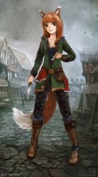 Rule 34 | 1girl, absurdres, animal ears, assassin, daggers, dark sky, highres, holo, limfoman, long hair, medieval, medieval clothing, orange hair, red eyes, spice and wolf, tail, thief, village, wolf ears, wolf girl, wolf tail