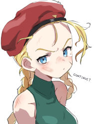 Rule 34 | 1girl, bare shoulders, beret, blonde hair, blue eyes, braid, bruise, cammy white, collarbone, english text, gameplay mechanics, gazacy (dai), grey background, hat, headband, highres, injury, long hair, looking at viewer, messy hair, red headwear, scratches, simple background, solo, street fighter, tearing up, torn, torn clothes, torn headband, turtleneck, twintails, upper body