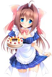 Rule 34 | 1girl, ahoge, apron, aqua eyes, asakura otome, blue skirt, blush, bow, breasts, brown hair, cleavage, cowboy shot, da capo, da capo ii, detached collar, frilled apron, frills, garter straps, hair between eyes, hair bow, hair intakes, highres, looking at viewer, maid, maid headdress, medium breasts, parted lips, pink bow, pink ribbon, pleated skirt, puffy short sleeves, puffy sleeves, ribbon, short sleeves, simple background, skirt, solo, thighhighs, white background, white thighhighs, wrist cuffs, yagami-all hail nanao