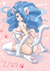 Rule 34 | 1girl, 2go, animal ears, animal hands, ass, big hair, blue eyes, blue hair, breasts, capcom, cat ears, cat tail, claws, felicia (vampire), fish, from behind, fur, kneeling, large breasts, long hair, looking back, matching hair/eyes, paw print, solo, tail, vampire (game)