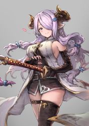 Rule 34 | 10s, 1girl, asymmetrical gloves, belt, black gloves, black thighhighs, blue eyes, braid, breasts, demon horns, draph, elbow gloves, female focus, fingerless gloves, gloves, gou (ga673899), granblue fantasy, hair ornament, hair over one eye, haoni, heart, holding, holding sword, holding weapon, horns, jpeg artifacts, large breasts, light purple hair, long hair, looking at viewer, mismatched gloves, narmaya (granblue fantasy), pointy ears, sheath, sheathed, sideboob, single thighhigh, smile, solo, sword, thick thighs, thigh strap, thighhighs, thighs, weapon