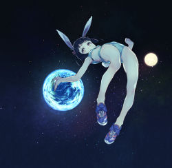 Rule 34 | 1girl, animal ears, bikini, black hair, blue bikini, blunt bangs, breasts, earth (planet), full moon, hair ribbon, highres, jumping, moon, open mouth, original, planet, rabbit ears, ribbon, shoes, short hair, short twintails, small breasts, sneakers, solo, space, star (sky), star (symbol), subachi, swimsuit, twintails, yellow eyes