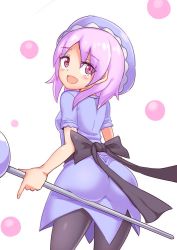 Rule 34 | 1girl, ass, ass support, blush, brave dungeon, breasts, cougar (cougar1404), dress, from behind, hat, klinsy, looking at viewer, looking back, majin shoujo, open mouth, pantyhose, purple eyes, purple hair, shiny clothes, short hair, sideboob, smile, solo, staff