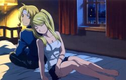 Rule 34 | 1girl, back-to-back, bandages, bare arms, bare shoulders, barefoot, bed, black skirt, blonde hair, breasts, cleavage, closed mouth, curtains, edward elric, closed eyes, feet, fullmetal alchemist, high ponytail, indoors, lamp, legs, light, long hair, looking back, matching hair/eyes, medium breasts, miniskirt, night, official art, on bed, pillow, ponytail, shadow, shirt, short hair, sidelocks, sitting, skirt, sleeping, smile, thighs, toes, white shirt, window, winry rockbell, yellow eyes