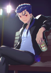 Rule 34 | 1boy, abs, bad id, bad pixiv id, beer can, bench, black jacket, black pants, blue hair, can, cu chulainn (caster) (fate), cu chulainn (fate), drink can, earrings, fate (series), highres, holding, jacket, jewelry, lamppost, long hair, looking at viewer, male focus, moto (otemoto02), pants, park, park bench, red eyes, shirt, smile, solo, spiked hair, v-neck, white shirt