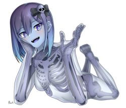 Rule 34 | :d, absurdres, barefoot, black bow, blue eyes, blue hair, blue skin, blush, bow, breasts, colored skin, commentary request, fangs, full body, gashadokuro, gradient hair, hair between eyes, hair bow, hair ornament, highres, legs up, long hair, looking at viewer, lying, medium breasts, monster girl, multicolored hair, nude, on stomach, open mouth, original, paravene, purple hair, see-through, signature, simple background, skeleton, skull hair ornament, smile, solo, teeth, see-through body, upper teeth only, white background
