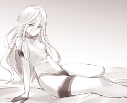 Rule 34 | 1girl, bed, bed sheet, black gloves, closed mouth, dot mouth, gloves, hair between eyes, half gloves, highres, ishiyumi, leotard, long hair, looking at viewer, monochrome, original, sitting, solo, white eyes, white hair, white leotard