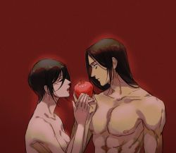 Rule 34 | 1boy, 1girl, apple, black hair, breasts, cleavage, closed eyes, collarbone, couple, eren yeager, facial scar, facing another, food, fruit, hair between eyes, hetero, highres, holding, holding food, holding fruit, holding hands, long hair, looking at another, medium breasts, mikasa ackerman, mnine5, nude, open mouth, parted bangs, pectorals, profile, red apple, red background, scar, scar on cheek, scar on face, shingeki no kyojin, short hair, teeth, toned, toned male, topless, topless male, upper body, upper teeth only