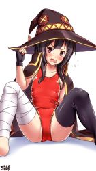 Rule 34 | 1girl, artist name, asymmetrical legwear, breasts, button eyes, buttons, cape, collarbone, competition swimsuit, covered navel, dated, hair between eyes, hat, highres, kono subarashii sekai ni shukufuku wo!, long hair, looking at viewer, megumin, mismatched legwear, one-piece swimsuit, open mouth, red one-piece swimsuit, short hair with long locks, simple background, solo, swimsuit, swimsuit under clothes, thighhighs, tsuchimiya, white background, witch hat