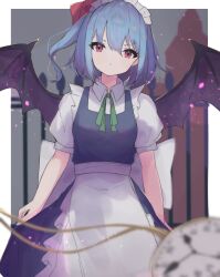 Rule 34 | 1girl, bat wings, blue hair, blurry, blurry foreground, closed mouth, commentary request, cosplay, fence, hat, hat ribbon, highres, izayoi sakuya, izayoi sakuya (cosplay), looking at viewer, maid, maid headdress, matcha yado, one side up, outdoors, pocket watch, red eyes, red ribbon, remilia scarlet, ribbon, short sleeves, solo, touhou, watch, wings