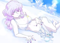 Rule 34 | 1girl, alternate costume, arm support, barefoot, bikini, blue sky, breasts, chamaruk, cirno, cleavage, collarbone, commentary request, eyelashes, hand on own hip, hand on own stomach, letty whiterock, light smile, looking to the side, lying, medium breasts, medium hair, nail polish, on side, outdoors, pale skin, purple eyes, purple hair, purple nails, sarong, sky, snow, snowman, solo, sun, swimsuit, touhou, tree, trident ornament, white bikini, winter