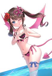 Rule 34 | 1girl, ;), bettle (b s a n), bikini, black bikini, blue bow, bow, brown hair, day, demon girl, demon tail, flower, hair flower, hair ornament, hairclip, heart, heart hands, hibiscus, highres, monster company, multicolored hair, navel, one eye closed, outdoors, pink bikini, pink hair, pink wings, side-tie bikini bottom, sky, smile, streaked hair, swimsuit, tail, thigh bow, tongue, tongue out, transparent background, twintails, two-tone bikini, virtual youtuber, wading, wings