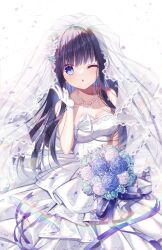 Rule 34 | 1girl, ;o, bare shoulders, black eyes, black hair, blowing kiss, bouquet, bow, breasts, bridal veil, bride, cleavage, collarbone, dress, flower, frills, gloves, hair between eyes, highres, holding, holding bouquet, jewelry, long hair, looking at viewer, medium breasts, necklace, one eye closed, open mouth, original, petals, ribbon, sleeveless, solo, swept bangs, tanihara natsuki, veil, wedding, wedding dress, white dress, white gloves
