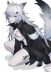 Rule 34 | 1girl, :d, absurdres, animal ears, arknights, armband, bandeau, black footwear, black jacket, black shorts, boots, breasts, chinese commentary, commentary request, grey eyes, hair between eyes, hair ornament, hairclip, haowei wu, highres, jacket, lappland (arknights), large breasts, long hair, long sleeves, looking at viewer, material growth, midriff, navel, open clothes, open jacket, open mouth, oripathy lesion (arknights), scar, scar across eye, scar on face, short shorts, shorts, silver hair, simple background, smile, solo, squatting, strapless, tail, thighs, tube top, white background, wide sleeves, wolf ears, wolf tail