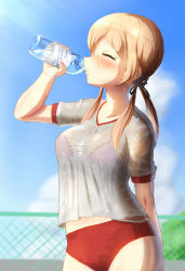 Rule 34 | 10s, 1girl, anchor hair ornament, arm up, blonde hair, blurry, blush, bottle, bra, breasts, buruma, chain-link fence, cleavage, collarbone, cowboy shot, day, depth of field, closed eyes, fence, grey shirt, gym uniform, hair ornament, hand up, highres, holding, holding bottle, kantai collection, large breasts, long hair, low twintails, maku ro, outdoors, pink bra, polka dot, polka dot bra, prinz eugen (kancolle), see-through, shirt, short sleeves, solo, sportswear, standing, summer, sunlight, twintails, underwear, water bottle, water drop, wet, wet buruma, wet clothes, wet shirt