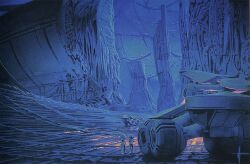 Rule 34 | 2others, blue theme, concept art, helmet, motor vehicle, multiple others, ruins, scenery, science fiction, signature, spacesuit, syd mead, third-party source, traditional media, truck, yamato2520