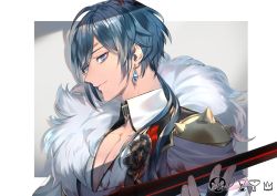 Rule 34 | 1boy, bandages, black flower, blood, blood on clothes, blue hair, closed mouth, earrings, eyepatch, flower, genshin impact, hiiro (coinxtossxdive), jacket, jewelry, kaeya (genshin impact), long hair, looking at viewer, male focus, ponytail, shadow, simple background, single earring, solo, sword, upper body, weapon
