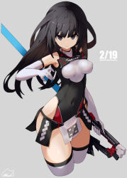 Rule 34 | 1girl, agatsuma kaede, alice gear aegis, bare shoulders, black eyes, black hair, black leotard, breasts, character name, closed mouth, commentary request, covered navel, elbow gloves, energy sword, expressionless, gloves, grey background, hand up, hip vent, holding, holding sword, holding weapon, leotard, long hair, looking at viewer, medium breasts, pelvic curtain, red cat hood, signature, simple background, solo, sword, thighhighs, thighs, weapon, white gloves, white thighhighs