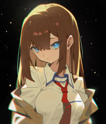 Rule 34 | 1girl, absurdres, black background, blue eyes, breast pocket, brown hair, brown jacket, collared shirt, highres, jacket, long hair, long sleeves, looking at viewer, makise kurisu, mmj, necktie, off shoulder, open clothes, open jacket, parted lips, pocket, red necktie, shirt, solo, steins;gate, straight hair, upper body, white shirt, wing collar