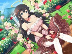 Rule 34 | 1girl, armlet, armpit crease, backyard, bare shoulders, bead necklace, beads, black hair, blue eyes, blue sky, blush, bow, box, breasts, brown bow, bud, building, bush, cleavage, closed mouth, cloud, collarbone, day, dress, earrings, falling petals, fence, flower, frilled dress, frills, garden, gazebo, grass, halo, happy valentine, heart, heart-shaped box, heart earrings, house, jewelry, large breasts, leaf, long hair, looking at viewer, necklace, official alternate costume, official art, outdoors, pantyhose, petals, picket fence, pink bow, pink flower, pink rose, plant, polka dot, polka dot dress, red flower, red tulip, rose, ryouki (senran kagura), senran kagura, senran kagura estival versus, senran kagura new link, shiny skin, sitting, sky, smile, solo, striped clothes, striped dress, swing, swing set, tree, tulip, valentine, vertical-striped clothes, vertical-striped dress, white flower, white pantyhose, window, wooden fence, yaegashi nan, yellow flower, yellow halo, yellow rose