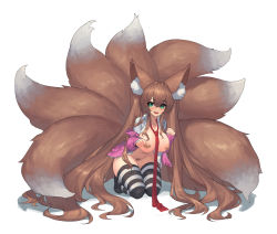Rule 34 | 1girl, :d, absurdly long hair, absurdres, animal ear fluff, animal ears, borrowed character, bottomless, breasts, brown hair, commentary, commission, dekka, english commentary, fang, fluffy, fox ears, fox girl, fox tail, full body, green eyes, hair between eyes, highres, jacket, kneeling, large breasts, large tail, leaning forward, long hair, long sleeves, looking at viewer, maebari, multiple tails, navel, necktie, open clothes, open mouth, open shirt, original, pasties, paw pose, pink jacket, plushmallow, red necktie, shirt, simple background, skin fang, sleeves past wrists, smile, solo, striped clothes, striped thighhighs, tail, thighhighs, twintails, very long hair, white background, white shirt