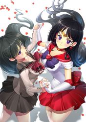 Rule 34 | 2girls, :d, absurdres, back bow, bare legs, bishoujo senshi sailor moon, black hair, blurry, blurry background, blush, bow, breast press, breasts, brooch, choker, closed mouth, cowboy shot, dual persona, earrings, elbow gloves, female focus, floating hair, from above, gem, gloves, grey sailor collar, grey shirt, grey skirt, heart, heart brooch, highres, hino rei, holding hands, inner senshi, jewelry, large breasts, legs, long hair, looking at viewer, looking to the side, looking up, magical girl, multiple girls, necklace, open mouth, petals, pleated skirt, purple bow, purple eyes, red bow, red neckwear, red sailor collar, red skirt, ruba (akiraoe 84), red gemstone, sailor collar, sailor mars, sailor senshi uniform, school uniform, serafuku, shadow, shirt, skirt, smile, standing, star (symbol), star necklace, super sailor mars, symmetrical docking, ta girls school uniform, tiara, very long hair, white gloves