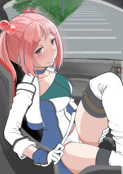 Rule 34 | 1girl, akebono (kancolle), akebono (kancolle) (cosplay), alternate breast size, breasts, car interior, commentary request, cosplay, dress, gloves, hair bobbles, hair ornament, jacket, kantai collection, looking at viewer, medium breasts, mimofu (fullhighkick), multicolored clothes, multicolored dress, multicolored gloves, panties, pink eyes, pink hair, race queen, sazanami (kancolle), short hair, sitting, solo, thighhighs, twintails, underwear, white gloves, white jacket, white panties, white thighhighs