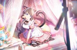 Rule 34 | 1girl, :3, animal ears, apron, bell, black pantyhose, black ribbon, blurry, blurry foreground, brown hair, cat ears, cat tail, closed mouth, collared dress, cup, dress, fake animal ears, fake tail, frilled apron, frilled dress, frills, fujishima megumi, game cg, hair bell, hair ornament, head tilt, highres, lens flare, link! like! love live!, long hair, looking at viewer, love live!, m&#039;s one day (love live!), maid headdress, neck ribbon, no shoes, official art, on bed, pantyhose, paw pose, pillow, pink dress, puffy short sleeves, puffy sleeves, purple eyes, ribbon, saucer, short sleeves, sitting, solo, tail, tea, tea set, teacup, teapot, third-party source, tray, virtual youtuber, wariza, white apron