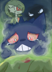 Rule 34 | 1girl, aura, black eyes, blush, blush stickers, bob cut, bright pupils, closed eyes, closed mouth, colored sclera, colored skin, constricted pupils, creatures (company), crying, eye reflection, flat chest, game freak, gardevoir, gen 1 pokemon, gen 3 pokemon, gengar, green hair, green skin, hands up, highres, light blush, looking at another, looking down, lying, multicolored skin, nintendo, on side, pikachu, pokemon, pokemon (creature), pokemon mystery dungeon, pokemon mystery dungeon: red/blue rescue team, red eyes, red sclera, reflection, sad, scratches, short hair, sideways mouth, smile, tears, teeth, two-tone skin, u u, upper body, white eyes, white pupils, white skin, yamachi nosuke