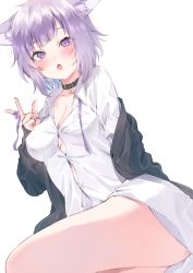 Rule 34 | 1girl, animal ears, bare legs, black choker, black jacket, blush, breasts, button gap, cat ears, cat girl, choker, cleavage, collared shirt, commentary, dress shirt, dutch angle, fang, harui (hr x9 ), highres, hololive, jacket, light purple hair, looking at viewer, loose neckwear, medium breasts, neck ribbon, nekomata okayu, nekomata okayu (oversized shirt), no bra, off shoulder, official alternate costume, open clothes, open jacket, open mouth, purple eyes, purple ribbon, ribbon, shirt, short hair, simple background, sitting, solo, thighs, undone neck ribbon, virtual youtuber, white background, white shirt, wing collar