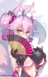 Rule 34 | 1girl, animal ear fluff, animal ears, bare shoulders, black dress, black gloves, blush, breasts, brown eyes, closed mouth, commentary request, covered erect nipples, double bun, dress, fate/grand order, fate (series), folding fan, fox ears, fox girl, fox tail, glasses, gloves, hair between eyes, hair bun, hair ornament, hand fan, hand on own chest, hands up, holding, holding fan, hong (white spider), koyanskaya (chinese lostbelt outfit) (fate), koyanskaya (fate), large breasts, looking at viewer, petals, pink hair, semi-rimless eyewear, side bun, sleeveless, sleeveless dress, smile, solo, tail, tail raised, tamamo (fate), under-rim eyewear, upper body, white background