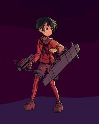Rule 34 | 1girl, black hair, bow (weapon), brown eyes, commentary, crossbow, english commentary, expressionless, flight deck, frown, full body, kantai collection, leggings, looking to the side, mogami (kancolle), sailor collar, short hair, shorts, sixten, solo, weapon