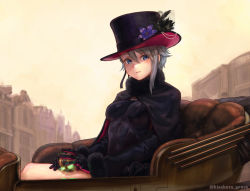 Rule 34 | 10s, 1girl, ange (princess principal), black cape, black gloves, blue eyes, breasts, brown hair, building, cape, carriage, commentary, day, flower, from side, fur collar, genso, gloves, hair between eyes, hat, head tilt, light smile, looking at viewer, medium breasts, outdoors, princess principal, short hair with long locks, sitting, top hat, twitter username