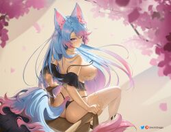 Rule 34 | 1girl, animal ears, artist name, ass, black panties, blue eyes, blue hair, breasts, chair, cherry blossoms, flower, from behind, greatodoggo, hair flower, hair ornament, highres, large breasts, long hair, looking back, multicolored hair, nipples, panties, patreon logo, pink flower, pink hair, silvervale, sitting, solo, streaked hair, tail, thighhighs, thighs, thong, twitter logo, underwear, very long hair, virtual youtuber, vshojo, white thighhighs, wolf ears, wolf girl, wolf tail